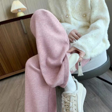 粉色羊绒阔腿裤女2025秋冬新款高腰垂感窄版加绒休闲卫裤拖地裤子