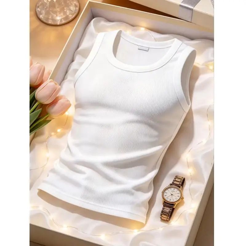White ribbed tank top for men, summer outerwear for fitness and sports, slim-fit sleeveless t-shirt that accentuates muscles, American-style undershirt White ribbed tank top for men, summer outerwear for fitness and sports, slim-fit sleeveless t-shirt that accentuates muscles, American-style undershirt