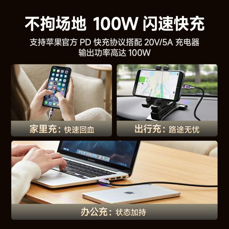 镂空发光呼吸灯100W快充编织双头Type-C充电线彩色超级快充数据线|undefined