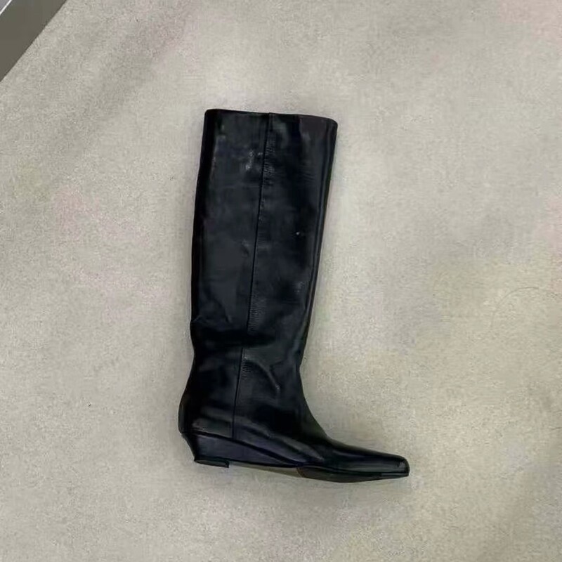In-stock leather version~2026 new Korean style square-toed straight-leg women's versatile wedge-heeled wide-leg long boots In-stock leather version~2026 new Korean style square-toed straight-leg women's versatile wedge-heeled wide-leg long boots