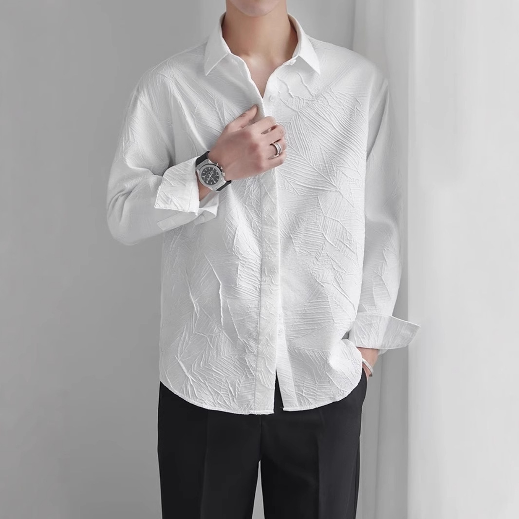 Abbigliamento uomo Camicia jacquard da uomo di ispirazione francese | Vestibilità comoda e oversize | Blusa minimalista di lusso aperta sul davanti per look casual ed eleganti_voghion.com