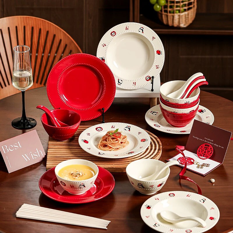 Red Ceramic Bowl and Plate Set 2026 Engagement Wedding High-End Housewarming Gift Tableware Underglaze Color Bowls and Chopsticks