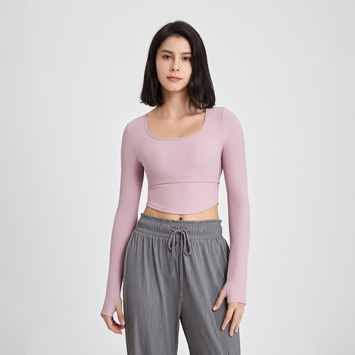 Ribbed nude slimming yoga wear long sleeves with chest pad fitness top T-shirt running outer bra sports bra