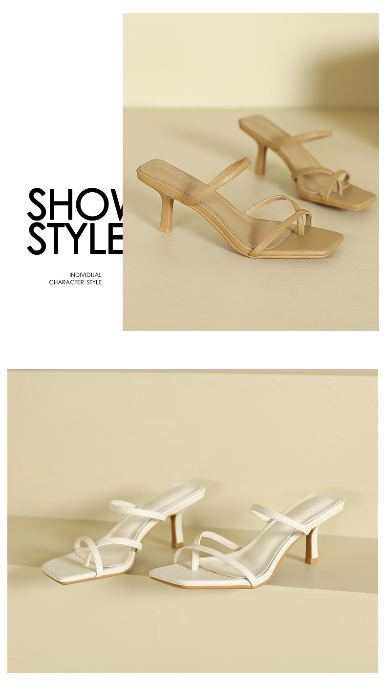 Sandal cao gót nữ mũi vuông quai xỏ ngón gót nhọn — Trắng be chi tiết 9