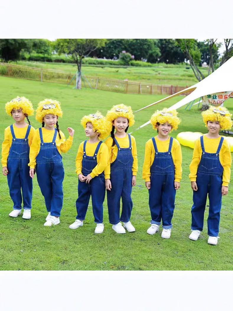小黄人cos幼儿园衣服牛仔背带裤运动会儿童啦啦队演出服民族风