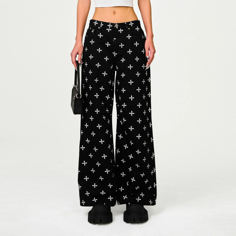 Smfk Black Garden Classic Wide Leg Jeans Full Print Pure Cotton Drape Casual Pants 25 Spring New Style