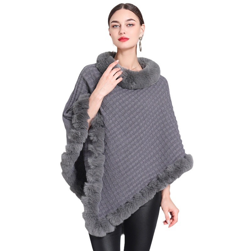 Fur collar cape cape women's knitted pullover sweater cape coat_voghion.com