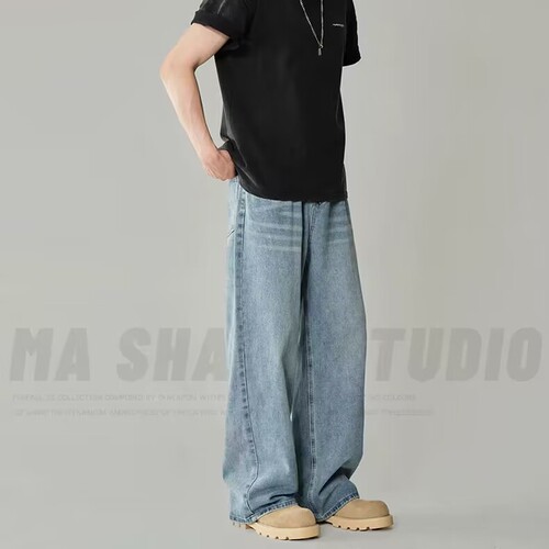 Vintage American-style distressed denim men's summer streetwear washed blue wide-leg pants trendy high-street versatile casual straight-leg long pants
