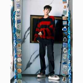 美式复古黑红条纹毛毛衣男宽松慵懒风秋季感针织衫氛围感【15天内