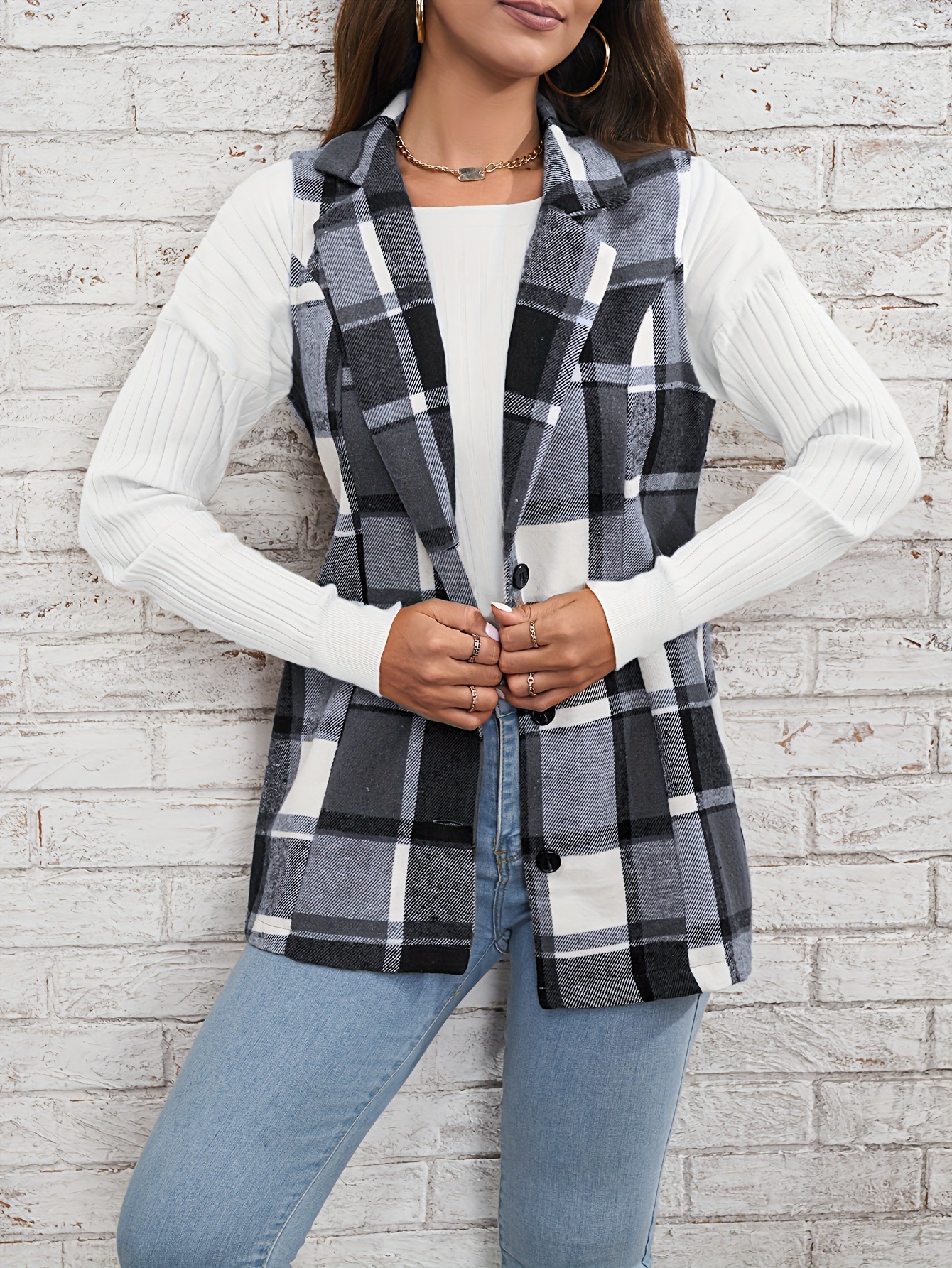 Fashion women‘s lapel suit vest plaid jacket