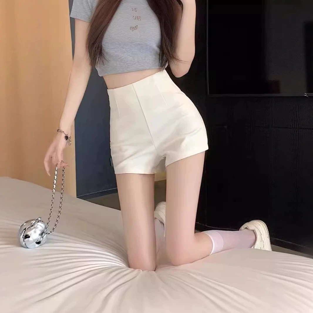 얇은 가을 하의 핫팬츠, 노출방지 슬리밍 반바지, 여성용 화이트 슈트, 하이웨이스트 A라인 아우터, 안전한 핫걸