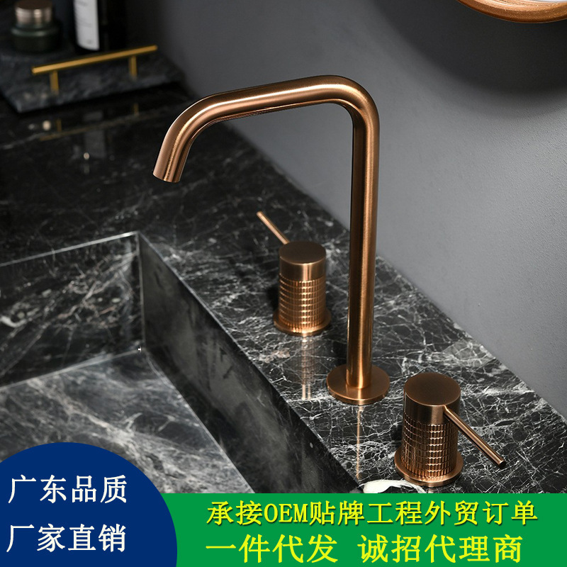 All Copper Rose Gold Three Hole Basin Faucet Split Type Golden Hot and Cold Household Hotel Bathroom Cabinet Wash Plate All Copper Rose Gold Three Hole Basin Faucet Split Type Golden Hot and Cold Household Hotel Bathroom Cabinet Wash Plate