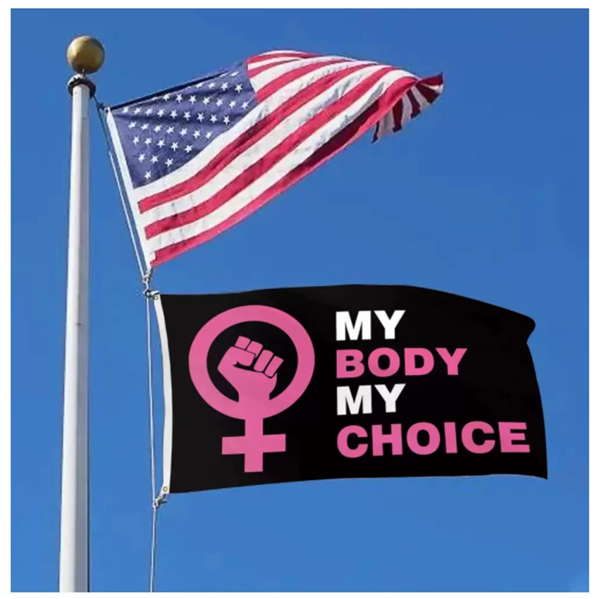 Flag MYBODYMYCHOICE polyester tapestry, durable digitally printed, two copper buckles