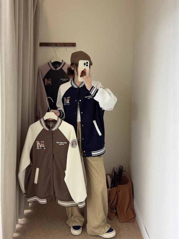 美式学院风泰迪熊拼色棒球服女秋季新款宽松百搭休闲夹克上衣外套|undefined