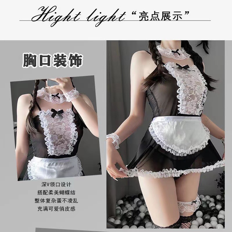 Lace Maid Roleplay Lingerie Set with Fishnet Stockings, One Size — detail image 6