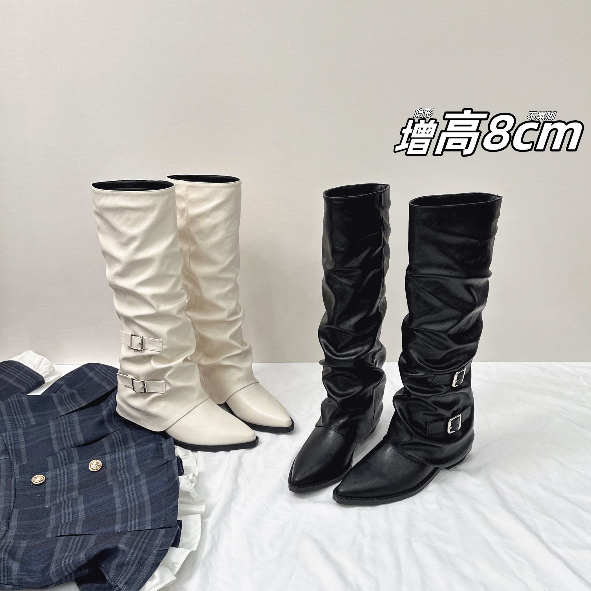 Botas Largas Plisadas para Mujer de 8 cm, Superfibra, Tacón Grueso, para Otoño e Invierno image 1