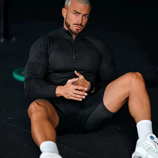 跨境欧美运动健身紧身衣男士速干半拉链纯色锻炼高弹压缩长袖上衣