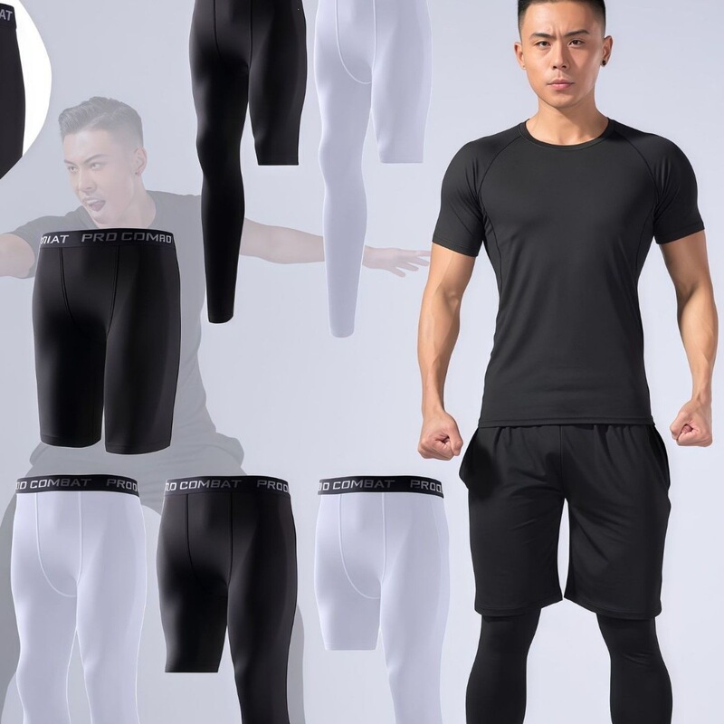 Fitness Sports Suit Quick-Drying Tights Men's Summer Short-Sleeved Tops Running Training Basketball Compression Shorts Fitness Sports Suit Quick-Drying Tights Men's Summer Short-Sleeved Tops Running Training Basketball Compression Shorts