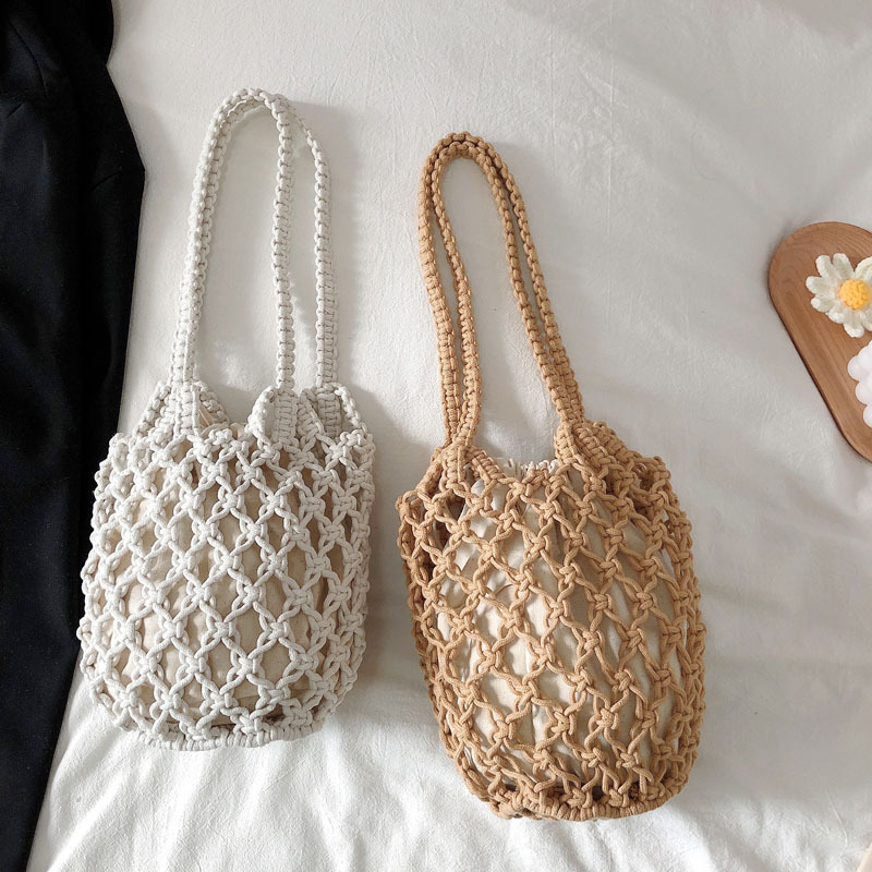 New Summer Beach Handbag with Inner Pocket Hollow Mesh Shoulder Bag Cotton Crochet Fishnet Bag