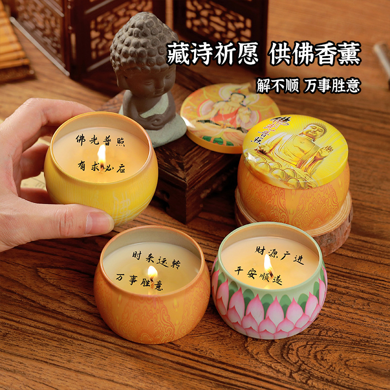 Bendición Buda adoración palabra Xizanga vela de aromaterapia buscando riqueza y mostrando palabras que desean adorar a Buda antes de rezar Lámpara de mantequilla Vela de adoración de Buda al por mayor