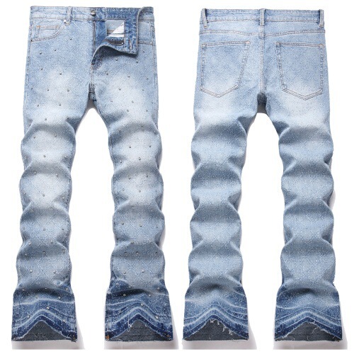 In-Stock European and American Style Flared Jeans with Trendy Fashion Personality, Blue Rhinestone Shine, Young Men's Flared Jeans