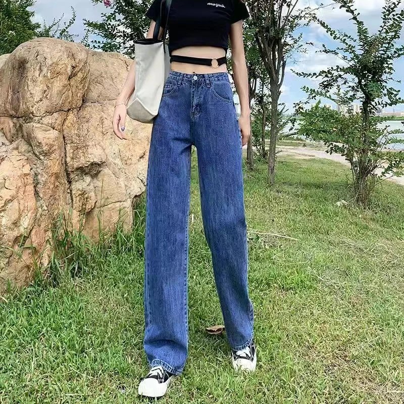 女性用ハイウエストワイドレッグジーンズ2025春新作多用途ルーズストレート韓国風ドレープフロアレングスパンツ|undefined