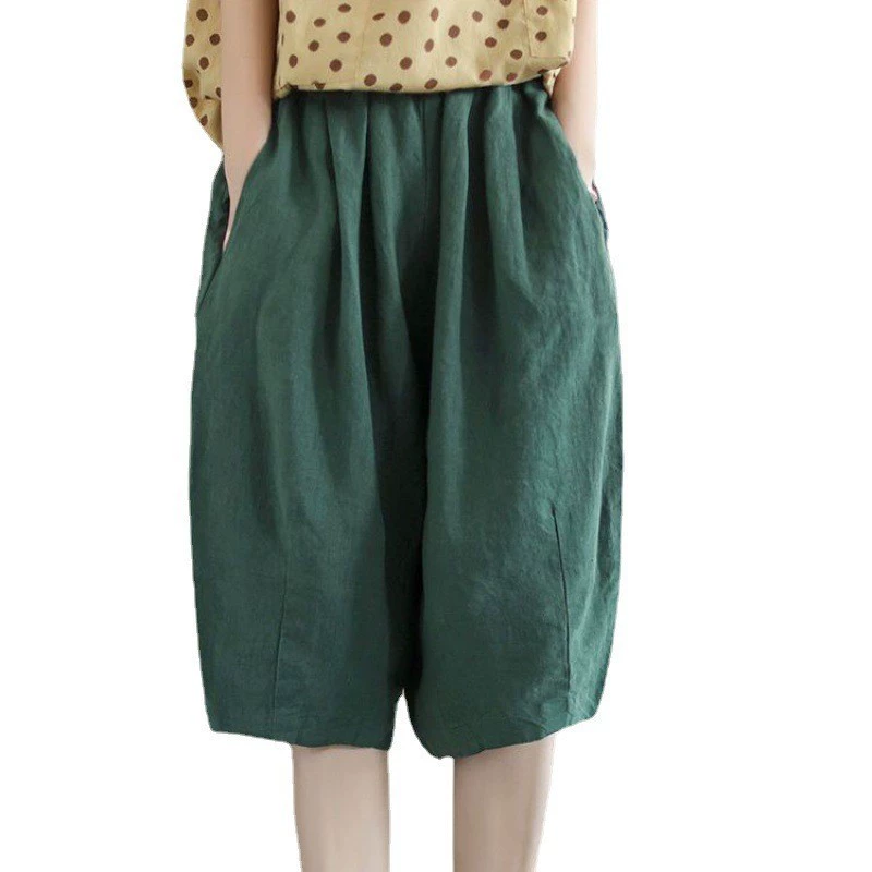 Retro trousers, (Physicals), cotton and linen, elastic waist, plus size