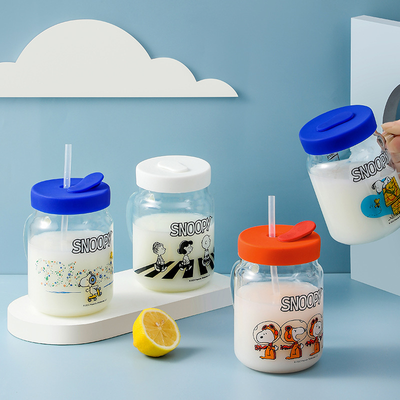 Official Snoopy History Snuffy Large Capacity Straw Milk Tea Cup Cartoon Office Glass Cup Household Pocket Cup