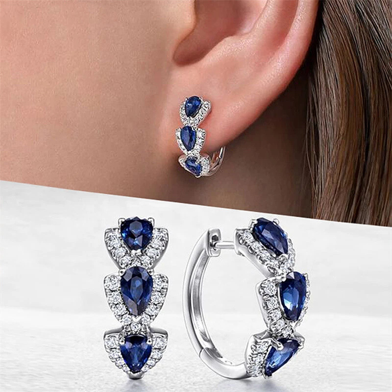 Cross-Border Hot Selling Copper Inlaid Zircon Blue New Zircon Earrings European and American Style Retro Heart-Shaped Zircon Earrings for Women