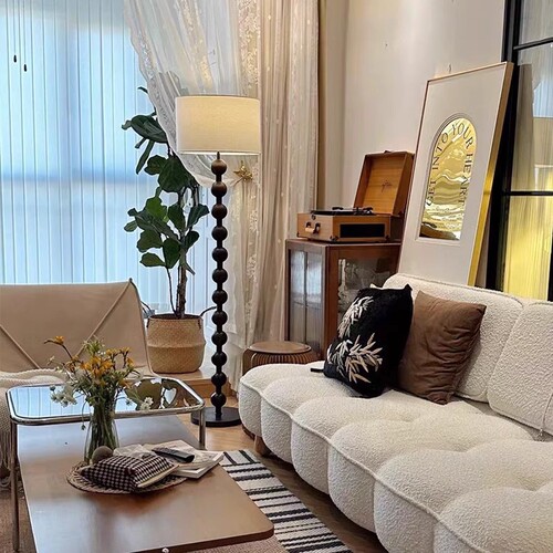 American floor lamp beside Japanese-style living room sofa, Bauhaus-style mid-century bedroom Wabi-sabi atmosphere light luxury standing lamp