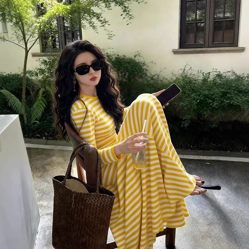 Yellow Striped T-Shirt Dress for Women 2026 New Spring Style Elegant Island-Inspired Dopamine Dress with a High-End Feel Yellow Striped T-Shirt Dress for Women 2026 New Spring Style Elegant Island-Inspired Dopamine Dress with a High-End Feel