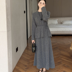 圆领绞花针织套装女2025秋冬新款系带套头毛衣＋宽松半身裙两件套