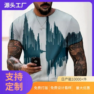 跨境热卖夏季时尚潮流男士T恤3d数码印花图案黑白条纹短袖套头衣