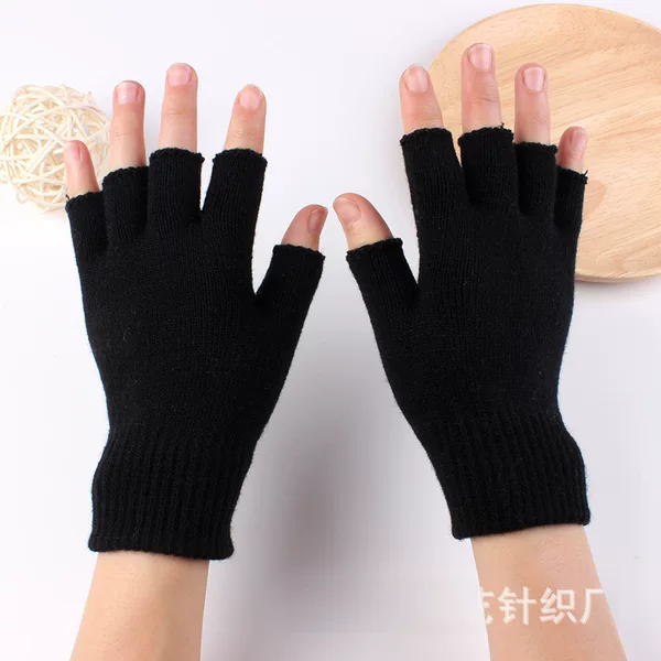 Black half finger finger elastic stretch acrylic knitted winter gloves for mobile phone