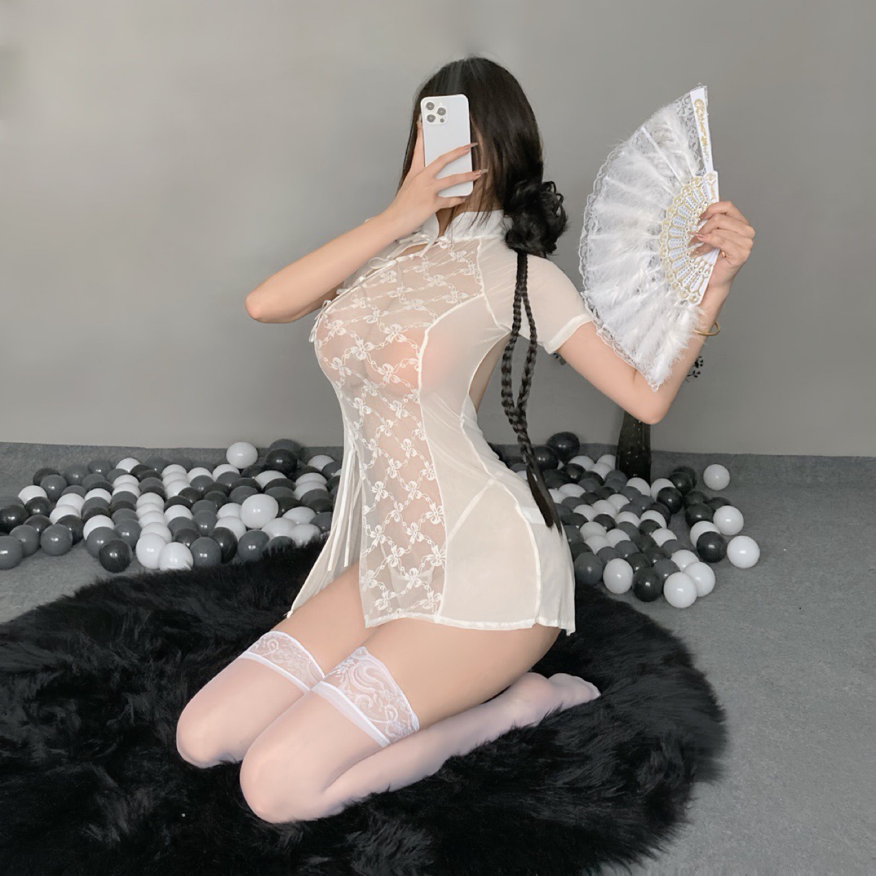Lace Split Cheongsam Lingerie Set with Sheer Mesh and Stockings — detail image 5