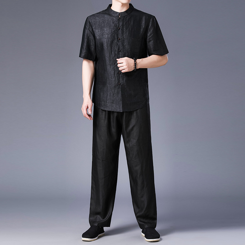 香云纱丝唐装宽松立领短袖衬衫桑蚕丝男装中老年半袖套装