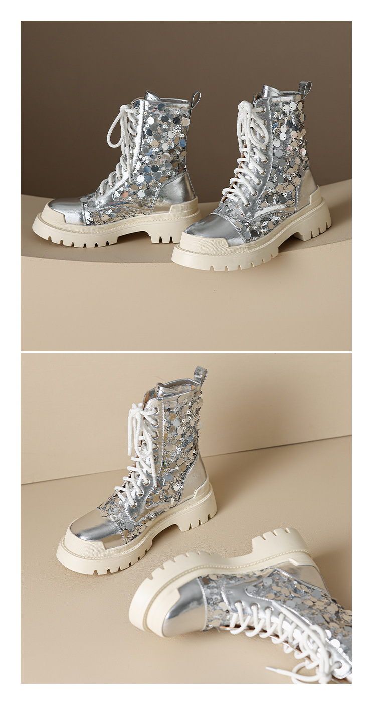 Boot nữ cổ thấp hở mũi dây buộc đế platform cao 5 cm màu bạc sequin — màu đen, bạc chi tiết 14