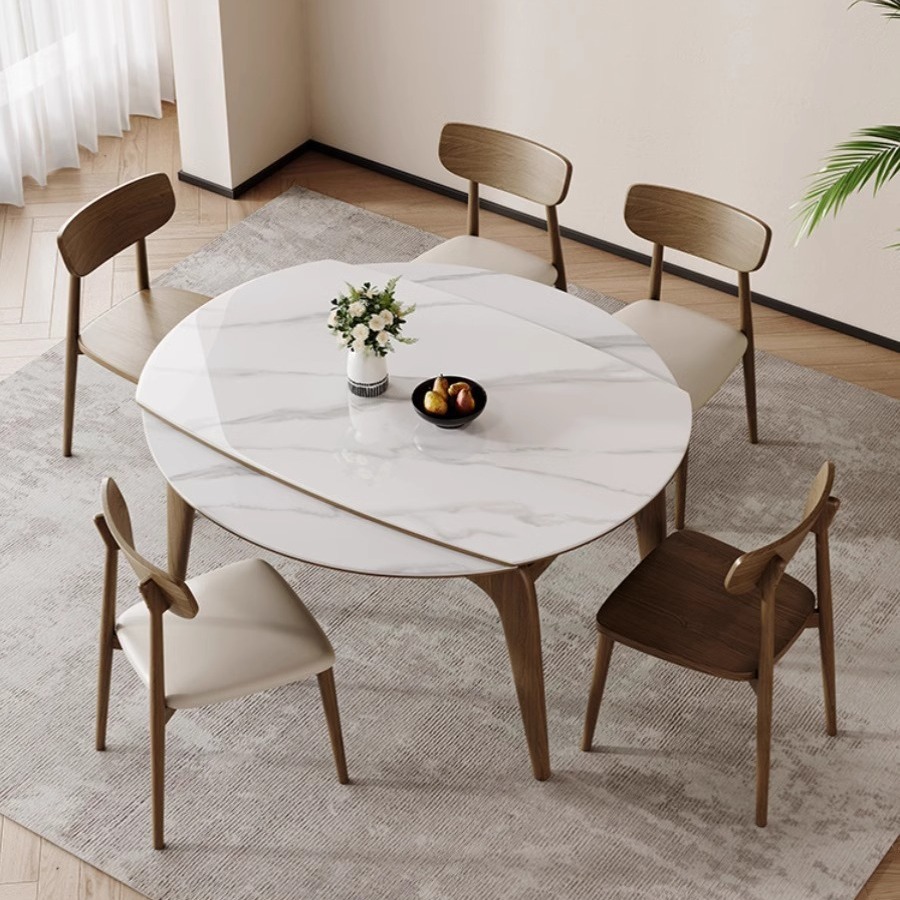 Nordic minimalist solid wood extendable quartz stone dining table, small apartment foldable quartz stone dining table, lightweight luxury full support round dining table