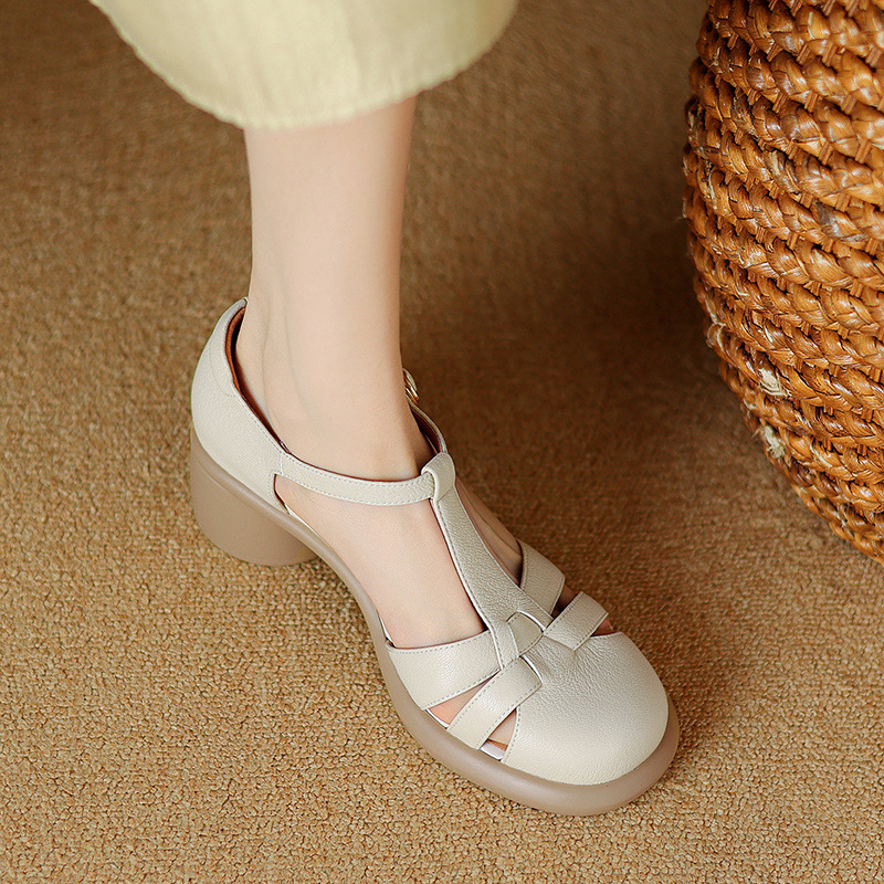 Sandal Mary Jane nữ đế dày gót vuông mũi tròn dệt kiểu La Mã — Màu trắng nhạt