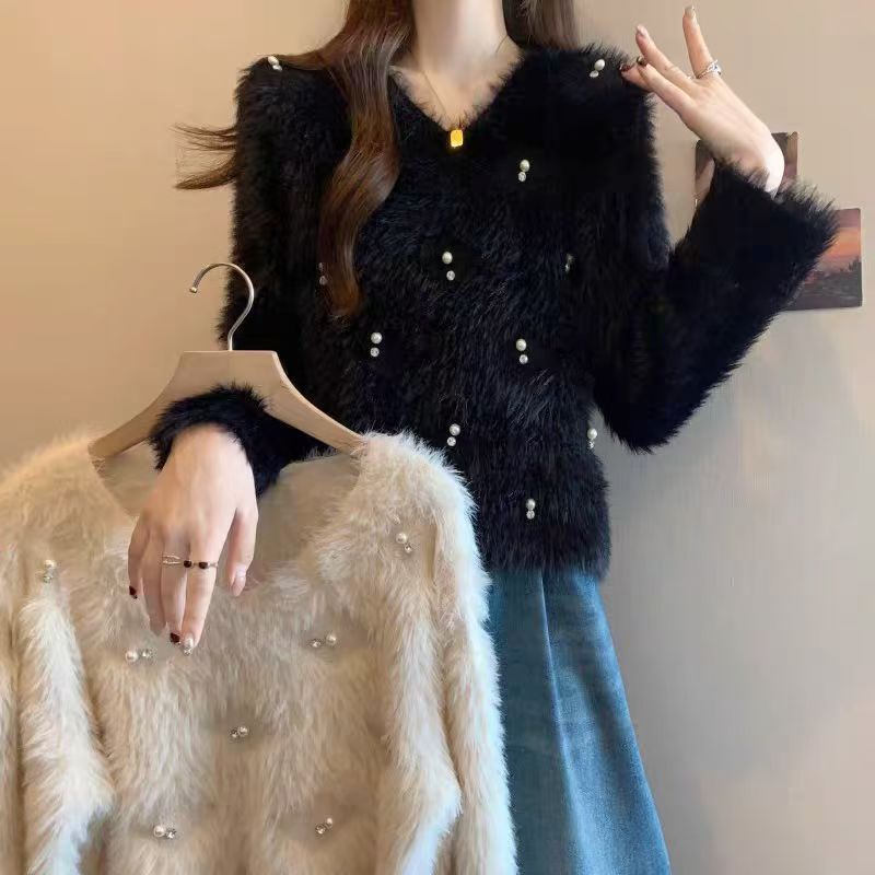 韓国版の新しい光沢のある新年クリスマスセーター女性のための秋と冬の新しいミンクベルベットデザインソフトワックスルーズトップ|undefined