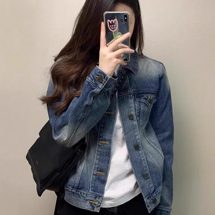 American Retro Distressed Denim Jacket for Women, Spring and Autumn, Loose, Lazy Chic, Petite Short Jacket, Fashionable Top