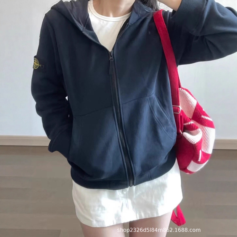 In-Stock Stone Stone Dark Blue Navy Blue Zip-Up Drawstring Hooded Jacket Logo Long-Sleeve Sweatshirt Jacket