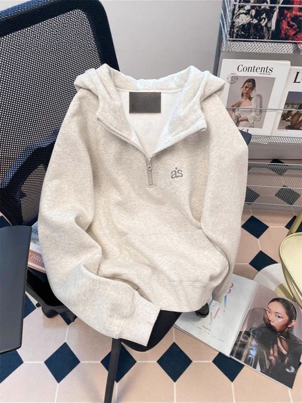韓国ニッチヴィンテージハーフジップフード付きスウェットシャツ男性と女性のための冬のベルベットシンプルカジュアルカップルトップ|undefined