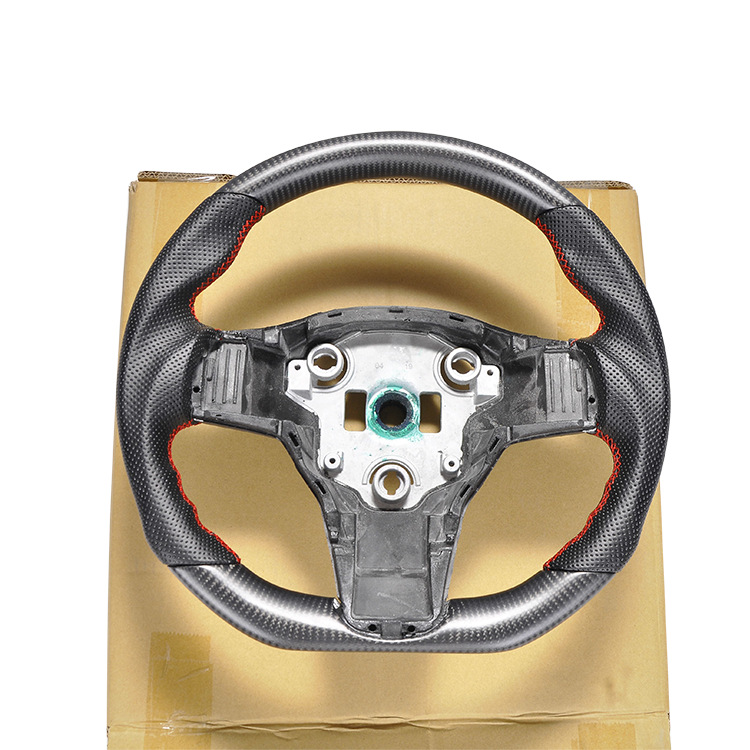 100% Real Carbon Fiber Matte Black Steering Wheel with Red Stitching and Perforations - For Tesla Model 3 Y - Modification