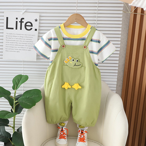 Cartoon Strap Shorts Set for 1-5 Year Old Boys and Girls - 2024 Summer New Children's Stylish Striped T-Shirt Two-Piece Set