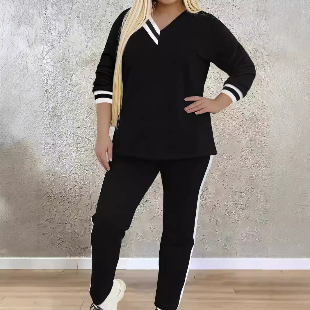 Completo casual da donna a due pezzi: maglietta a maniche lunghe con scollo a V e pantaloni con tasche a contrasto, moda autunno/inverno, in poliestere._voghion.com