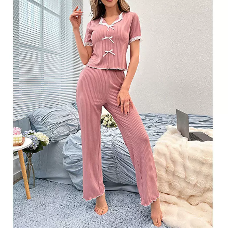 甜美蕾丝睡衣女套装夏季新款高级感性感V领短袖长裤两件套家居服