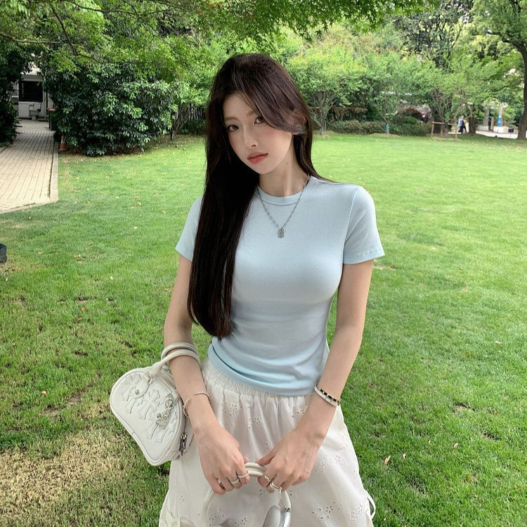 薄荷绿色短袖T恤女韩系正肩修身2025夏季新款显瘦纯色女装上衣潮|undefined