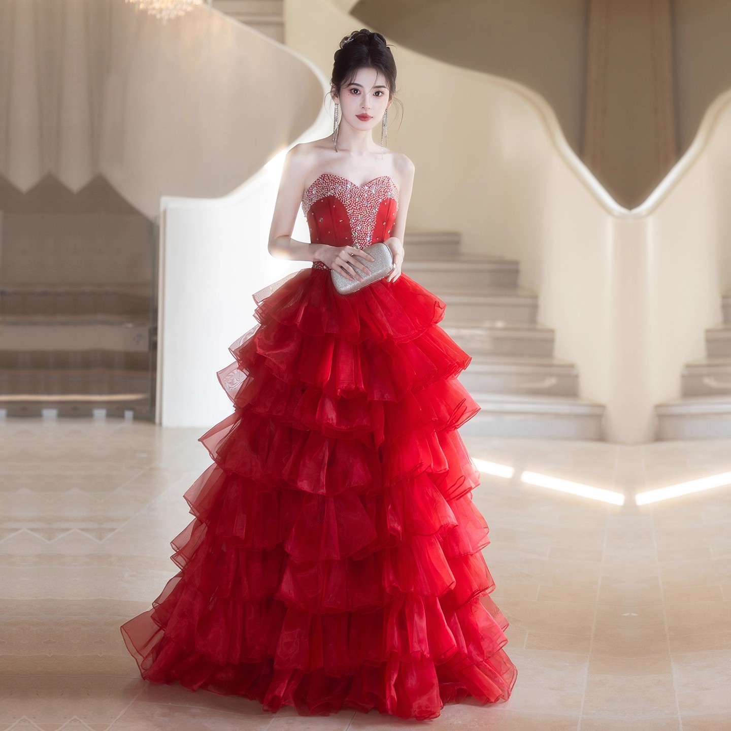 Evening Dress for Women, French-Style Heavy Princess Style, High-End Light Luxury Niche Host Annual Meeting Red Puffy Skirt Toast Dress
