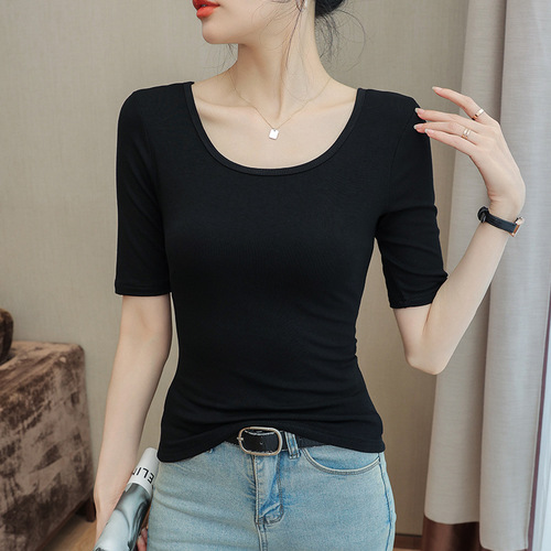 Black Mid-Sleeve T-Shirt for Women, 2025 Spring/Summer—Stylish Designer Top with Slim-Fit, Cropped 3/4-Sleeve Base Layer